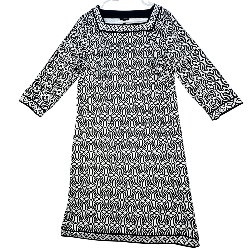 $129 New Talbots Sheath Dress Women Large Black White Square Neck 3/4 Sleeve Mod